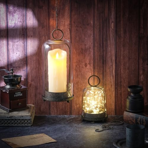 5" & 4" Wide Versatile Metal Candle Holder in Rustic Brown with Handmade Thick, Heavy & Sturdy Glass Dome for Pillar Candle, Industrial, Modern, Shelf, Mantel, Veranda, Porch - Image 6