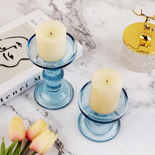 3-Piece Set of Blue Glass Candlestick, Crystal Candlestick Holder Holder and Conical Candle, Christmas Candle Holder Decoration, Family Living Room Wedding Candle Holder (Blue) - Image 4