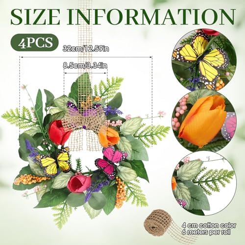 4 PCS Summer Lavender Tulips Candle Rings Wreaths Artificial Floral Pillar Candle Holder Wreaths with Butterfly Mini Spring Summer Candle Rings for Table Centerpiece Home Farmhouse Cabinet Porch Decor - Image 3