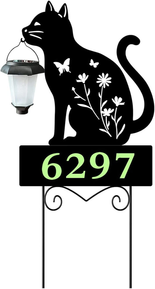 Cat Decorative Garden Stakes Yard Sign -Number with Glow in the Dark be Suited to Garden, Lawn, Outdoor Decor Cats Holding Solar Lantern Decor Stakes