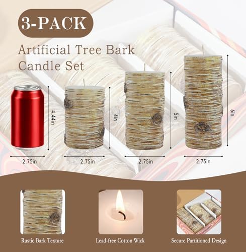 Birch Bark Pillar Candle Set of 3, Real Wax Fireplace Decor Candles - Image 3