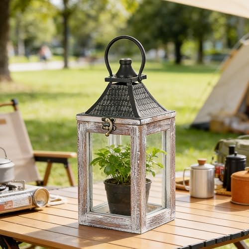12" High Farmhouse Decorative Lantern, Glass and Metal, Distressed White Wood Finish, Vintage Black Metal Top, Indoor Outdoor Candle Holders (Rustic White, 5"x5") - Image 5
