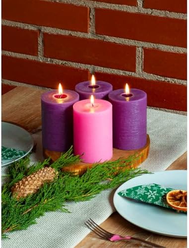 CANDWAX 3x4 Inch Advent Pillar Candles Set of 4 - Long Burning Dripless Unscented Pillar Candles - Rustic Style for Advent Wreaths, Christmas Décor - 3 Purple and 1 Pink Pillars - Image 6