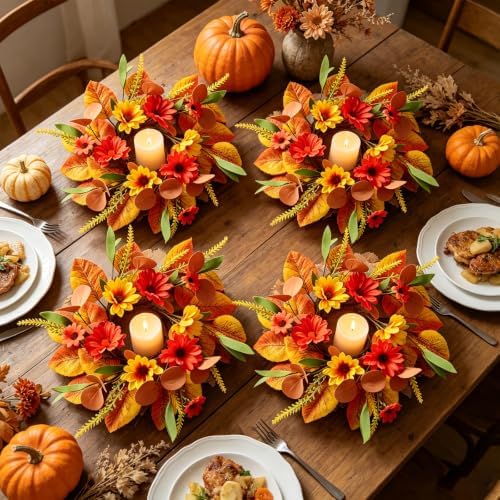 6 PCS Fall Candle Ring Wreaths Artificial Fall Daisy Sunflower Autumn Floar Candle Holder Rings with Maple Leaves Eucalyptus Mini Thanksgiving Wreath for Cabinets Farmhouse Table Centerpiece Decor - Image 3