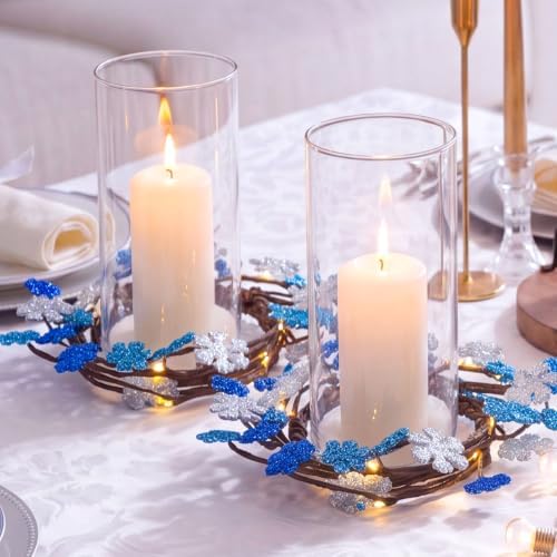 Daifunli 2 Pcs Winter Blue Snowflake Candle Rings Snowflake Wreath Glitter Vintage Wood Wreaths for Pillar 4.25 Inch Candles Holder for Winter Christmas Rustic Table Centerpiece Decor - Image 4