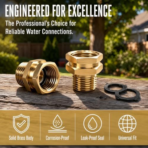 2 Pcs 3/4" GHT Female x 1/2" NPT Male Connector - Brass Garden Hose Adapter - Image 6