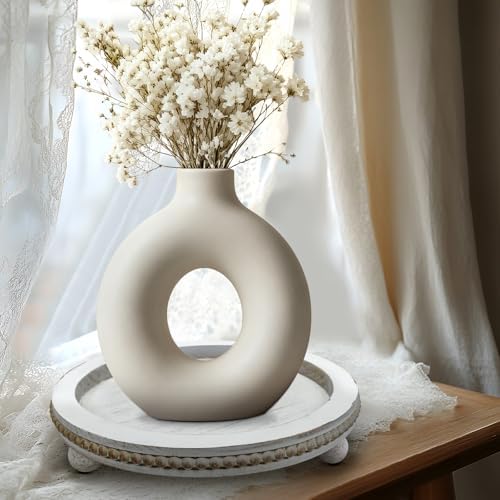 Wood Round Tray for Wooden Coffee Table Decor, Wood Raise Candle Tray Holder Plate,Farmhouse Small Decorative Trays Beade, Rustic Serving Tray for Kitchen Table, Home Decor, Living Room, Retro White - Image 5