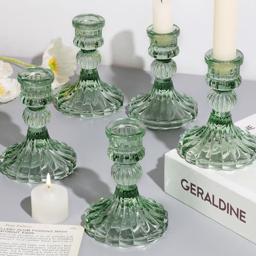 12PCS Green Candlestick Holders Set- 4" H Taper Candle Holders, Glass Candle Holders Bulk for Wedding, Party, Home Table Centerpieces, Festival Gifts & Windowsill Decor by DARJEN