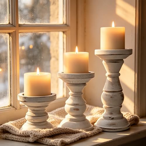 Wood Candle Holder for Pillar Candle Set of 3, Farmhouse Candle Holder Decor, Rustic Wooden Candle Stand, Vintage Tall Candle Stand Decorative for Living Room, Table Centerpiece,Rustic White - Image 6
