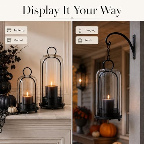 Hurricane Glass Candle Holders in Antique Brass, 5" & 4" Wide Gold Vintage Metal Candlesticks Holders for Pillar Candle Lantern with Handmade Thick Glass Dome, Industrial, Modern Home Decor (Black) - Image 5