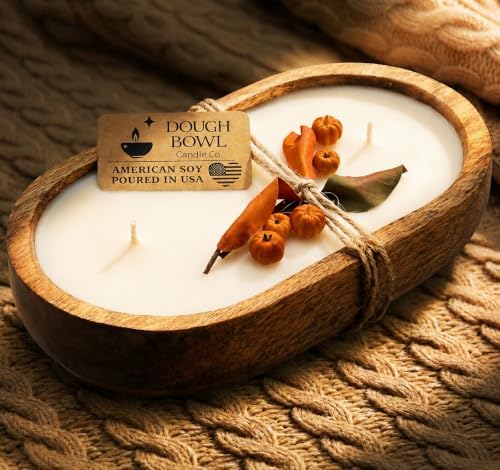 Dough Bowl Candle Co. Pumpkin Spice Soy Candle - 3 Wick Rustic Farmhouse Coffee Table Decor, Odor Eliminator in Wooden Bowls, 20 Ounce Wooden Dough Bowl Candle, All-Natural Gifts for Women and Men by Dough+Bowl+Candle+Company