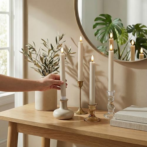 6 Pack, 10" LED Flameless Real Wax Cream Beige Fluted Ribbed Grooved Taper Candles, Remote & 24h Timer Memory, On/Off Button, Dimmable, Flicker Mode, Battery Operated, Wedding - Image 6