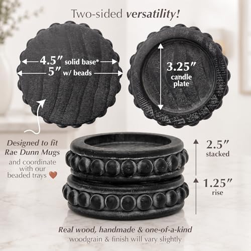 Felt Creative Home Goods Set of 2 Round Rustic Wood Beaded Risers - Sturdy 2-Sided Stackable Decor Pedestal Stands for Tiered Tray, Candle, Mug Display (Rustic Black, 5 inch) - Image 2