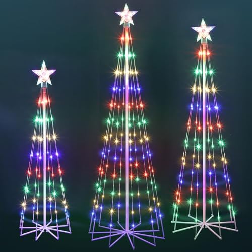3 Pack LED Animated Outdoor Christmas Tree, 4' 5' 6' Multicolor Lightshow Lighted Cone Wire Tree with Topper Star, Christmas Outdoor Decorations Artificial Lighted Tree for Indoor Yard Patio by Unknown