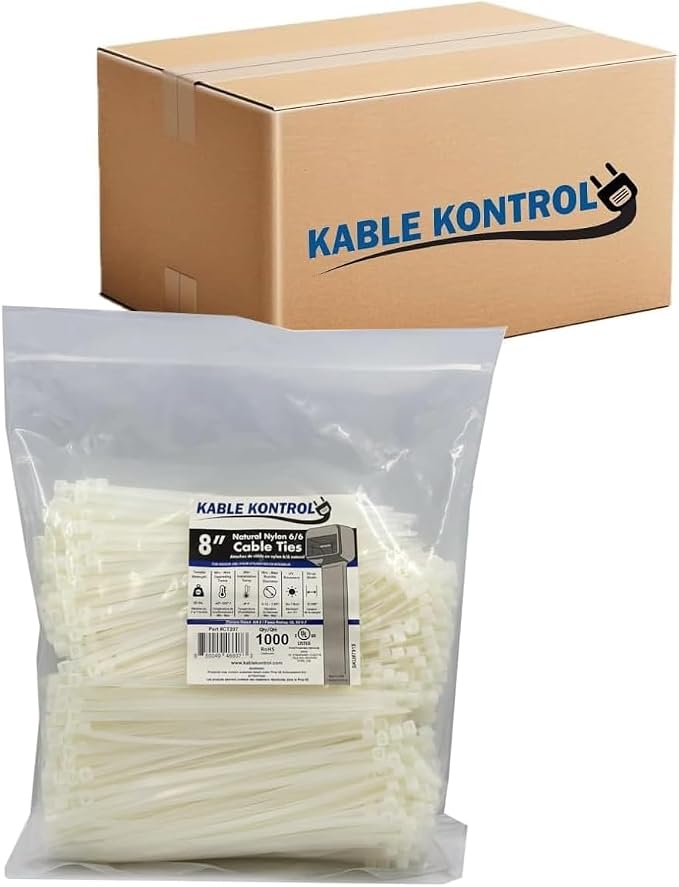 Kable Kontrol Cable Zip Ties Natural White 10,000 Pcs 8 Inch, 50 Lbs Tensile Strength, Bulk Pack, Self-locking Natural Nylon Clear Plastic Wire Ties wraps for Indoor or Outdoor Use