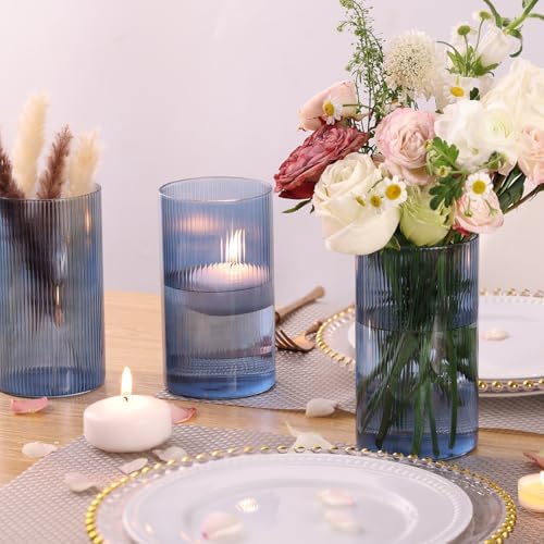 Glass Cylinder Vase 6 Inch Tall- Blue Ribbed Decor for Wedding Centerpieces - Image 5