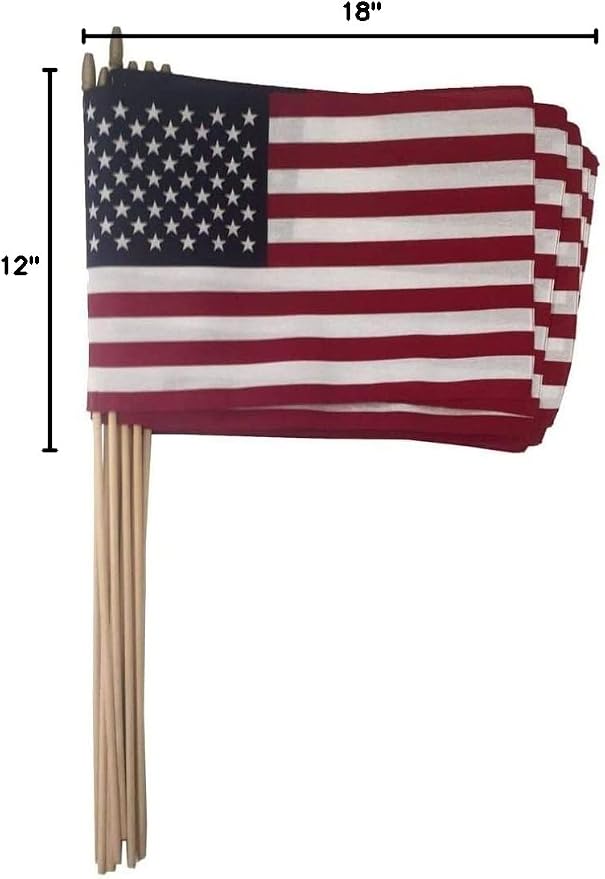One Dozen (12 Qty) 12x18" US Cotton Stick Flag American Flag on 30" dowel with gold tip MADE IN USA, Hemmed Edges - Made in the USA