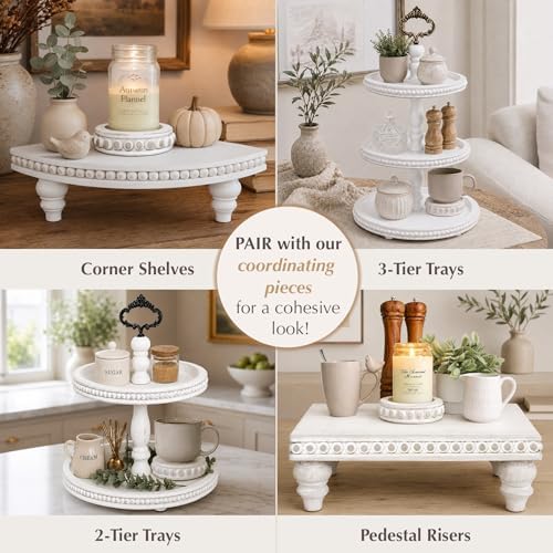 Felt Creative Home Goods Set of 2 Round Rustic Wood Beaded Risers - Sturdy 2-Sided Stackable Decor Pedestal Stands for Tiered Tray, Candle, Mug Display (Rustic White, 5 inch) - Image 4