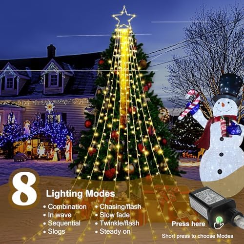(New Christmas Decoration Lights, 320 LED Waterfall Christmas Tree Lights with 12" Star Topper, 8 Modes Indoor Outdoor String Lights for Yard, Party, Home, Holiday (Warm White) - Image 2