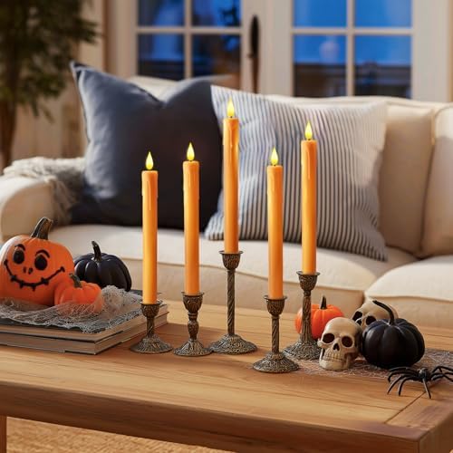 Homemory 6 Pcs Orange Flameless Taper Candles with Remote, Timer, Dimmer, Battery Operated CandleSticks with Flickering Light, Plastic Led Window Candles, for Halloween Decoration 9.6 Inches - Image 5