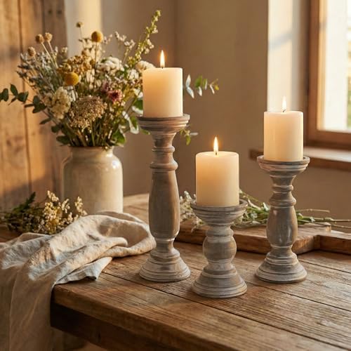 BANOMII Rustic Wooden Pillar Candle Holders Set of 3, 12'' 9'' 6'' Farmhouse Wood Candle Stand for Table Centerpieces, Vintage Tall Candleholders Fireplace Mantel Decor for Living Room, Grey - Image 3