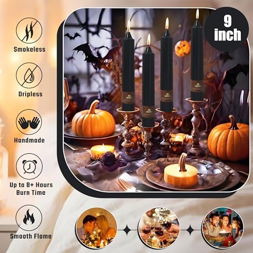 Black Halloween Taper Candles 4 Pack Hand-Poured 9 Inch Unscented Long Tapered Candles for Spooky Decor, Haunted Houses & Gothic Weddings - Clean Burning, Smokeless & Odorless - Image 4