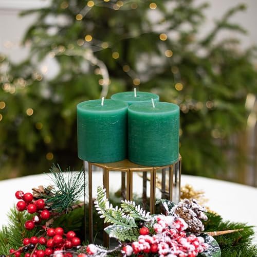 CANDWAX 3x3 Inch Green Pillar Candles Set of 3 - Rustic Unscented No Drip Green Candles for Weddings, Centerpieces, Home Décor, Christmas Decorations - Image 4