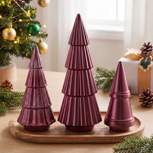 3 Pcs Neutral Christmas Tree Figurines,Burgundy Red by Pinkunn