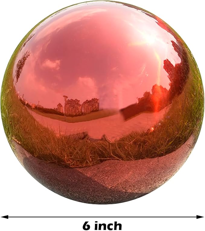 Gazing Ball Garden Mirror Outdoor - 6 Inch Outside Decorative Globe, Red | Metal Polished Reflective Sphere, Stainless Steel Hollow Decoration Ornament for Home Pond Swimming Pool Housewarming Gift