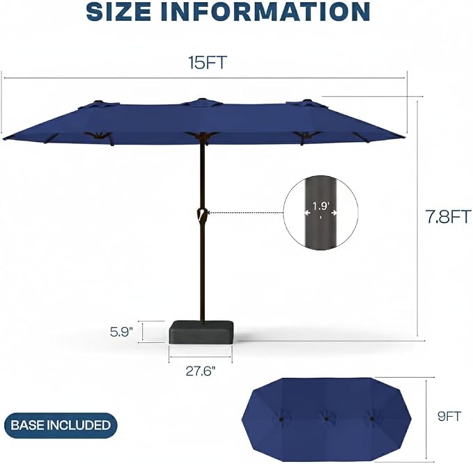 15FT Large Patio Umbrella with Base Included, Double Sided Outdoor Market Umbrella with Flexible Fiberglass Ribs, UV-Blocking Extra Large Umbrella for Garden, Pool, Deck, Navy Blue