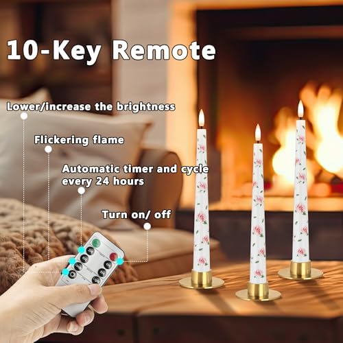 Rose Flameless Taper Candles, 9.6" Real Wax LED Candles with Remote & Timer - Image 3
