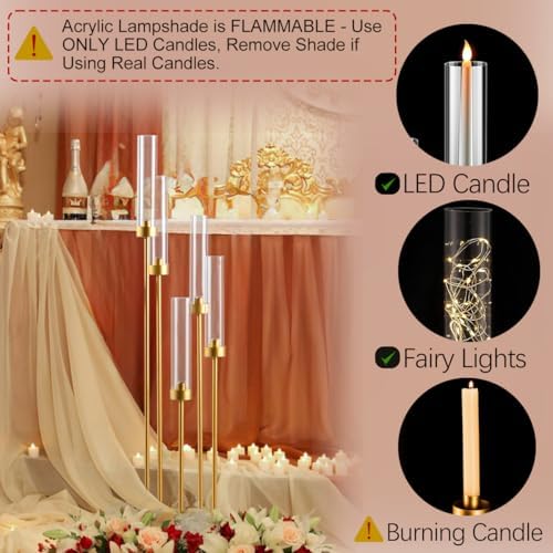 5 Arm Candelabra with Acrylic Lampshade Set of 4 Gold Candelabra for Wedding Table Birthday Party Home Decoration 39.4'' Candle Holder Fit LED Taper Candles - Image 5