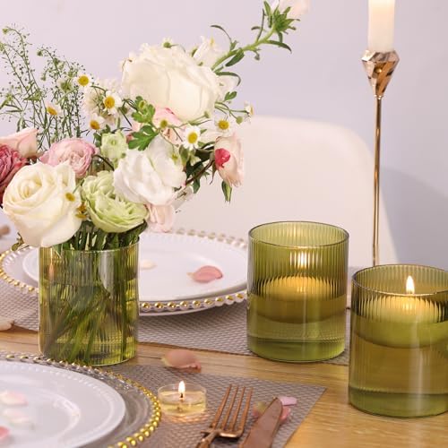 6 Green Ribbed Cylinder Glass Vases for Wedding Centerpieces & Table Decor - Image 3