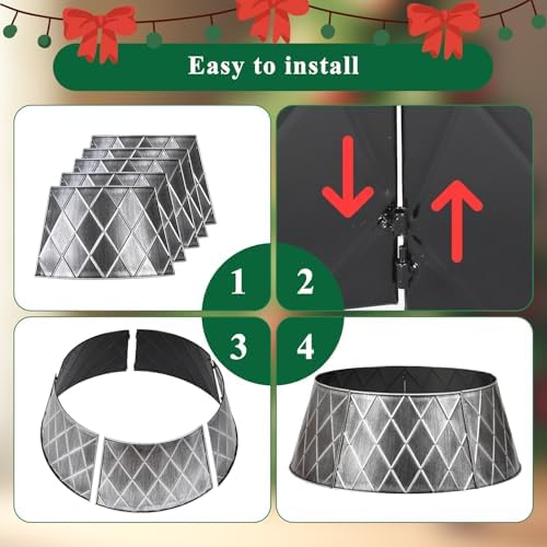 Lanpn Metal Christmas Tree Collar 24 inch, Christmas Tree Ring Collar for Small Mini Pencil Xmas Stand Cover Real Artificial Trees Indoor Outdoor Decoration (Silver, Diamond) - Image 6