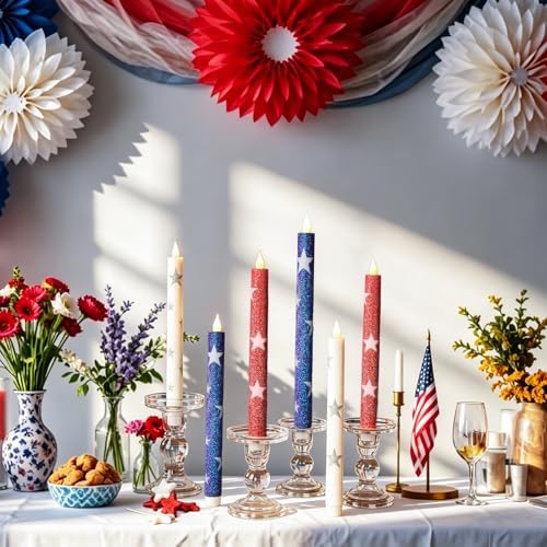 6 Pcs Patriotic Flameless Taper Candles, Glitter Red White and Blue Star Candles for 4th of July 250th Anniversary of Independence Day Home Party Decor, Battery Operated LED Candlesticks - Image 5