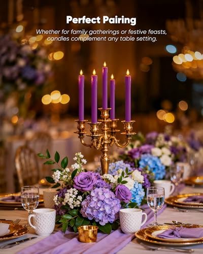 Homemory 6 Pcs Real Wax Purple Flameless Taper Candles with Remote Timer, 9.6 Inches LED Fake Candlesticks, LED Candle with 3D Flickering Flame for Romantic Wedding, Dinner, Xmas Anniversary Decor - Image 4