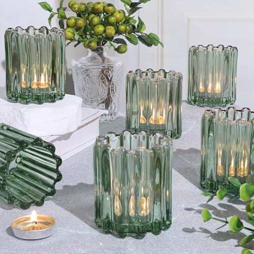 6 Pcs Votive Candle Holder, Green Glass Tea Light Candle Holders by LOVELIGHTLOVELIFE