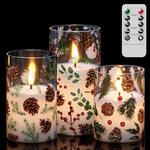 Christmas Pinecone LED Glass Flameless Candles Battery Operated Remote by KunSwennLife