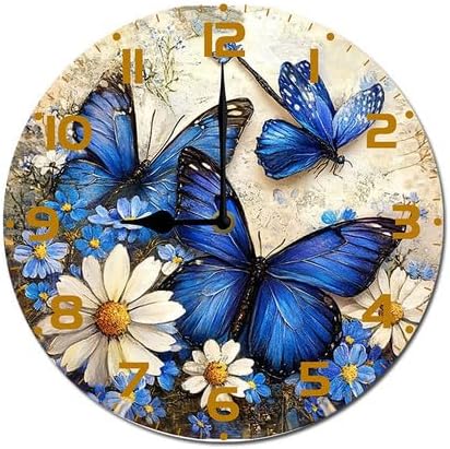 Butterflies Wildflower Wooden Silent Non-Ticking 10 Inch Round Clocks Battery Operated Analog for Living Room Kitchen Bedroom Bathroom Office Home School Decor