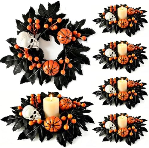 4 PCS Mini Halloween Candle Rings Skeleton Black Maple Leaves Wreaths by Unknown