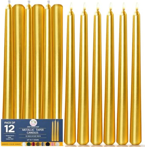 10 Inch Metallic Gold Taper Candles - Set of 12, 7-8 Hrs Long Burning, Dripless Smokeless Unscented Candlesticks, Premium Wax Blend for Wedding Christmas Dinner Parties and Luxury Home Decor by Beilisen