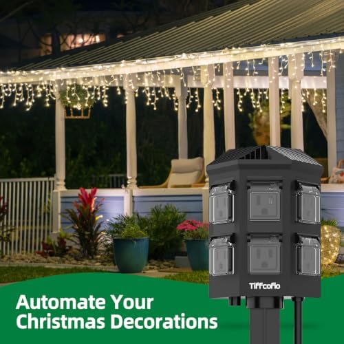 Outdoor Power Strip with 60FT Extension Cord, 100FT Remote Control, Dusk to Dawn Light Timer Waterproof, 6 Grounded Outlets for Christmas Decorations, ETL Listed - Image 4