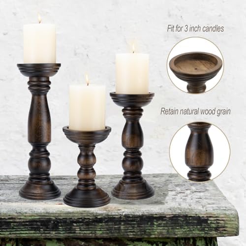 BANOMII Farmhouse Wooden Candle Holders for Pillar Candles Set of 3, Rustic Wood Candle Holder Table Centerpiece Decor, 12'' 9'' 6'' Vintage Tall Candle Stand Decorative, Dark Brown - Image 5