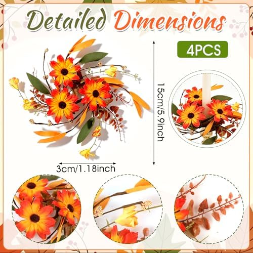 4 PCS Fall Daisy Taper Candle Rings 1.38" Mini Artificial Autumn Flower Taper Candle Holder Wreaths with Thanksgiving Harvest Floral Table Centerpieces Decor for Candlesticks Farmhouse Home Decor - Image 4