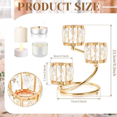 Metal 3 Arm Crystal Candle Holder - Tea Light Centerpiece Candle Holder, Votive Holder with Sparkling Crystal Bowl, Suitable for Wedding, Table Centerpiece, Home Decor (1, 3 arm-Gold) - Image 2