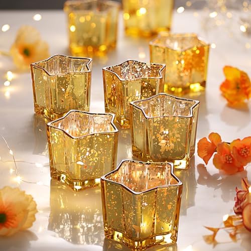 Letine 8pcs Gold Star Candle Holders Set - Elegant Tea Light & Votive Holders for Diwali, Weddings, Fall Decor - Mercury Glass Star Jars with Celestial Glow(2.44" Height) by LETINE