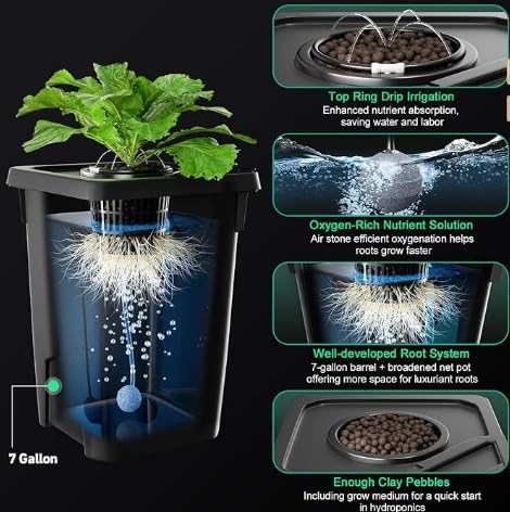 Hydroponics Growing Buckets, 2PCS Deep Water Culture Bucket System 7 Gallon Recirculating Drip Garden System with Air Pump & Clay Pebbles for Greenhouse, Garden, Balcony (2 PCS)