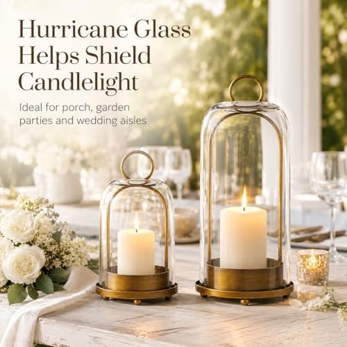 Hurricane Glass Candle Holders in Antique Brass, 5" & 4" Wide Gold Vintage Metal Candlesticks Holders for Pillar Candle Lantern with Handmade Thick Glass Dome, Industrial, Modern Home Decor (Brass) - Image 2