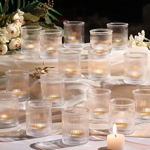 NITIME 32Pcs Ribbed Votive Candle Holders, Clear Tea Light Candle Holder for Wedding Table Decor, Glass Candle Holder for Bridal Shower Decor, Home and Holiday Decor by NITIME