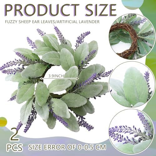 Daifunli 2 Pcs Christmas Candle Rings Lambs Ear Lavender Wreaths for Pillar 3.9 Inch Lambs Ear Lavender Candles Holder for Winter Christmas Xmas Wedding Home Rustic Table Centerpiece Decor - Image 2